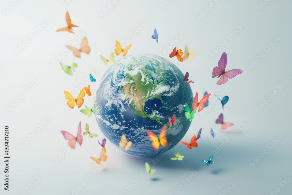 Naklejka premium Colorful butterflies flutter around a detailed Earth globe, symbolizing environmental harmony and the beauty of nature.