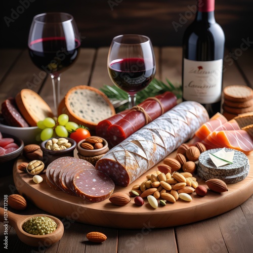 Fatty foods. Luxurious Charcuterie Board with Red Wine