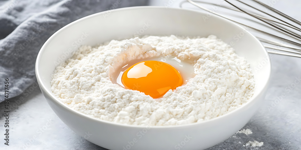 Egg yolk nestled in flour in a white bowl, ready for baking. Kitchen setting with whisk and cloth for a tasty treat. Egg yolk nestled in flour in a white bowl, ready for baking. Kitchen setting with whisk and cloth for a tasty treat.