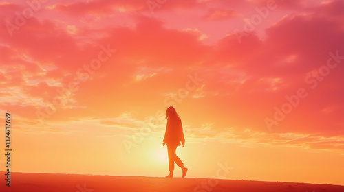 Silhouette of a person walking on a sunrise beach