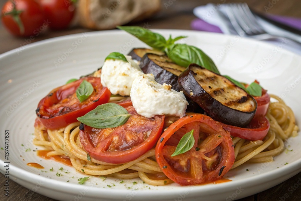 A pasta with tomato, eggplant, ricotta, and basil A pasta with tomato, eggplant, ricotta, and basil