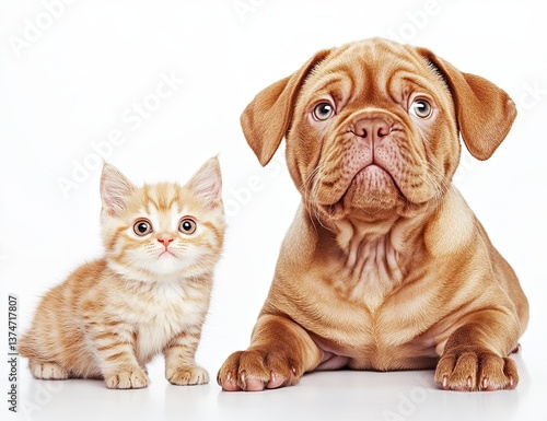 A lively Bordeaux puppy enjoys a fun moment with a Bengal kitten, isolated from distractions
