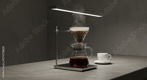 Coffee brewing setup with pour over dripper and glass server under a bright rectangular light