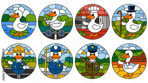 Cute cartoon ducks in various professions stained glass style