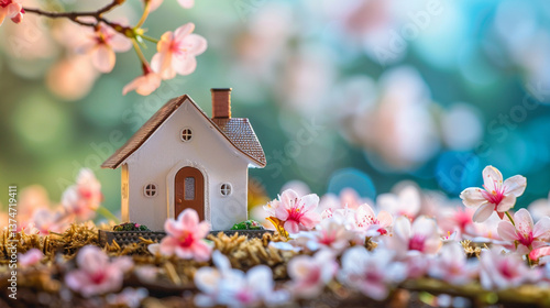 Springtime miniature cottage with cherry blossom petals and warm, natural light.

