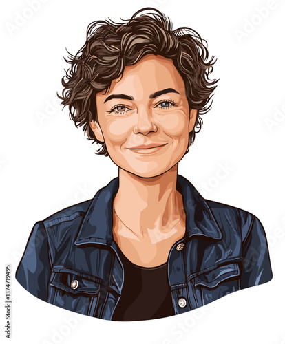 Relaxed middle-aged European woman enjoying a sunny day outdoors with her short curly hair and casual clothing