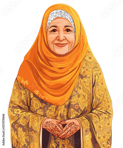 Joyful elderly Middle Eastern woman smiling warmly in a colorful traditional outfit during a sunny afternoon celebration