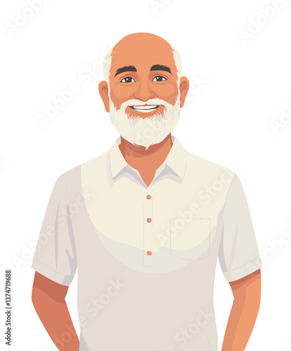 Joyful elderly Middle Eastern man with white beard smiling warmly in casual attire indoors