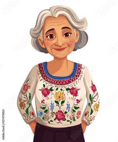 Friendly elderly Latina woman smiles warmly, showcasing her vibrant traditional attire, in a cozy setting
