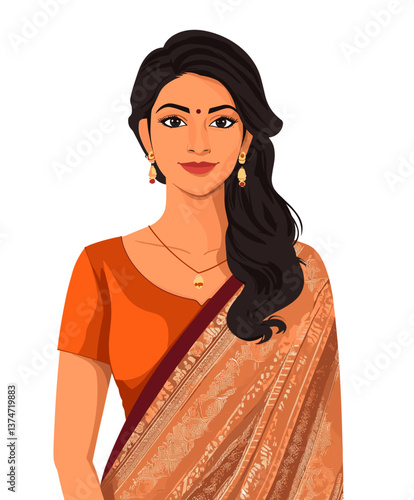 Confident middle-aged Indian woman in a traditional saree posing elegantly with a warm smile in a bright indoor setting