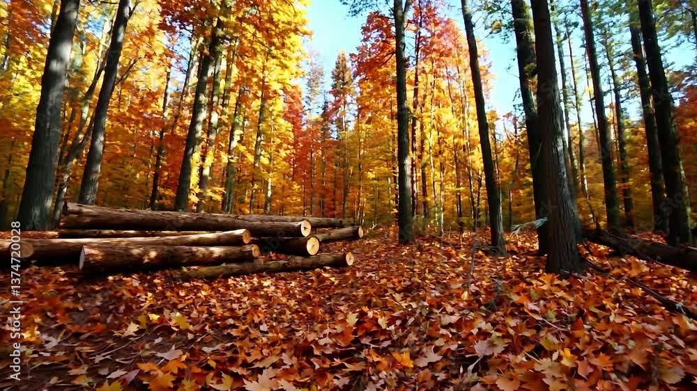 Stack of cut logs lying on forest ground covered with autumn leaves in deciduous woodland. Outdoor nature scene with yellow and orange foliage. Logging and seasonal environment concept. Stack of cut logs lying on forest ground covered with autumn leaves in deciduous woodland. Outdoor nature scene with yellow and orange foliage. Logging and seasonal environment concept.