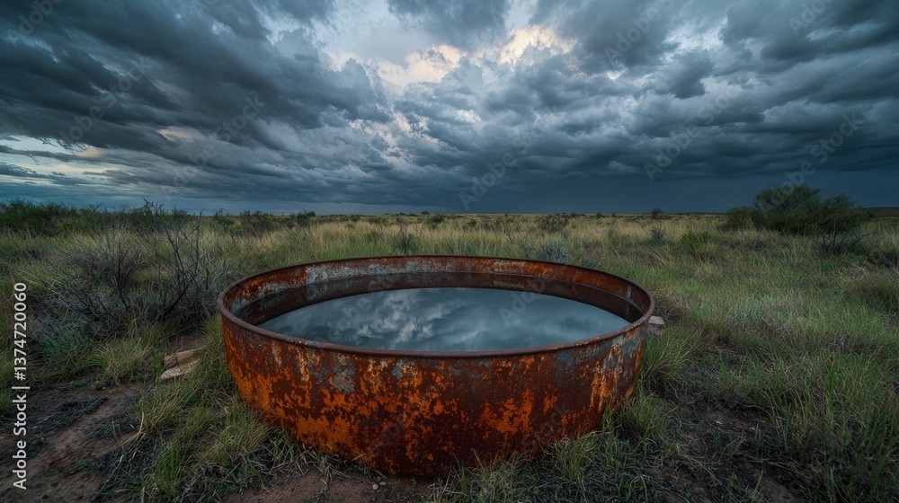 Rusty water tank reflects stormy sky over grassy landscape in remote area during late afternoon Rusty water tank reflects stormy sky over grassy landscape in remote area during late afternoon