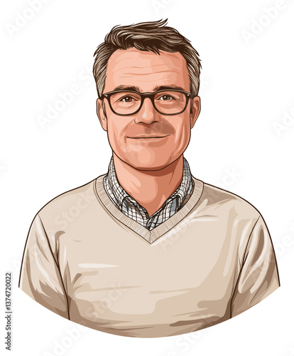 Confident middle-aged European man in casual attire smiling warmly during a relaxed indoor gathering