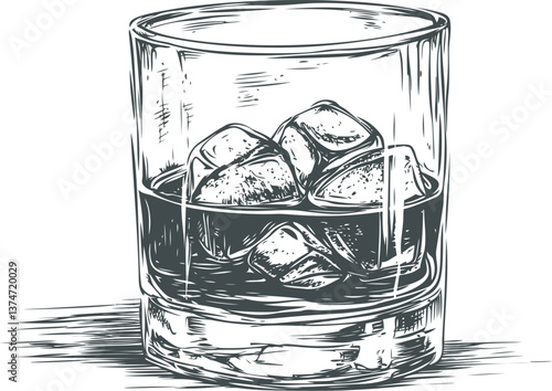 Whiskey glass with ice cubes illustration in black and white vector style. Vector illustration