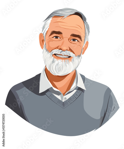Confident elderly European man with gray beard smiling warmly while wearing a light sweater indoors