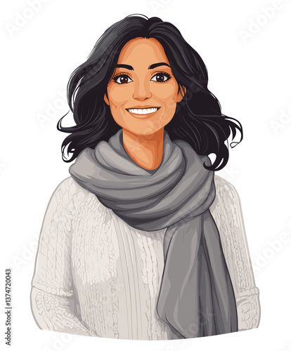 Cheerful middle-aged Hispanic woman smiles warmly while wearing a cozy sweater and scarf in a well-lit indoor setting