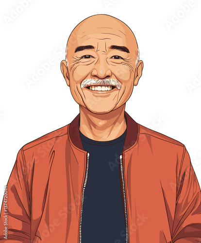 Confident elderly Asian man with a bald head smiling warmly while wearing a casual orange jacket indoors during daylight