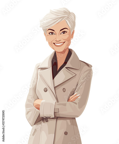 Confident elderly European woman with short hair wearing a coat and smiling warmly while standing with crossed arms in a lighted setting