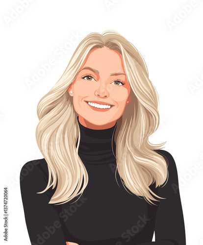 Cheerful middle-aged European woman with long blonde hair smiling in a cozy indoor setting on a sunny afternoon