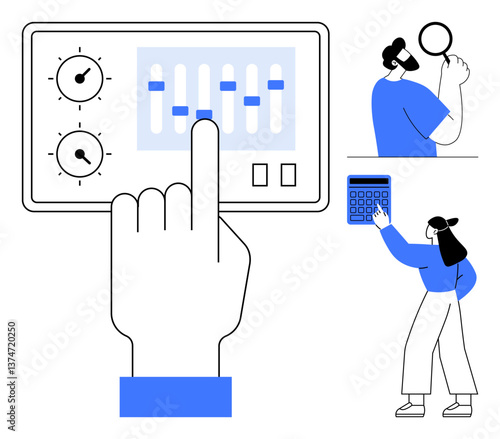 Hand adjusting control panel sliders, man analyzing with magnifier, woman using calculator. Ideal for technology, analysis, problem-solving, accounting, usability interface design workflow. Flat