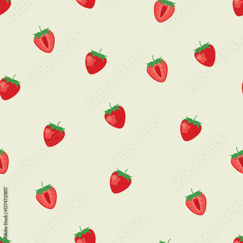 Seamless pattern of strawberries . Colorful fruit on ecru background.