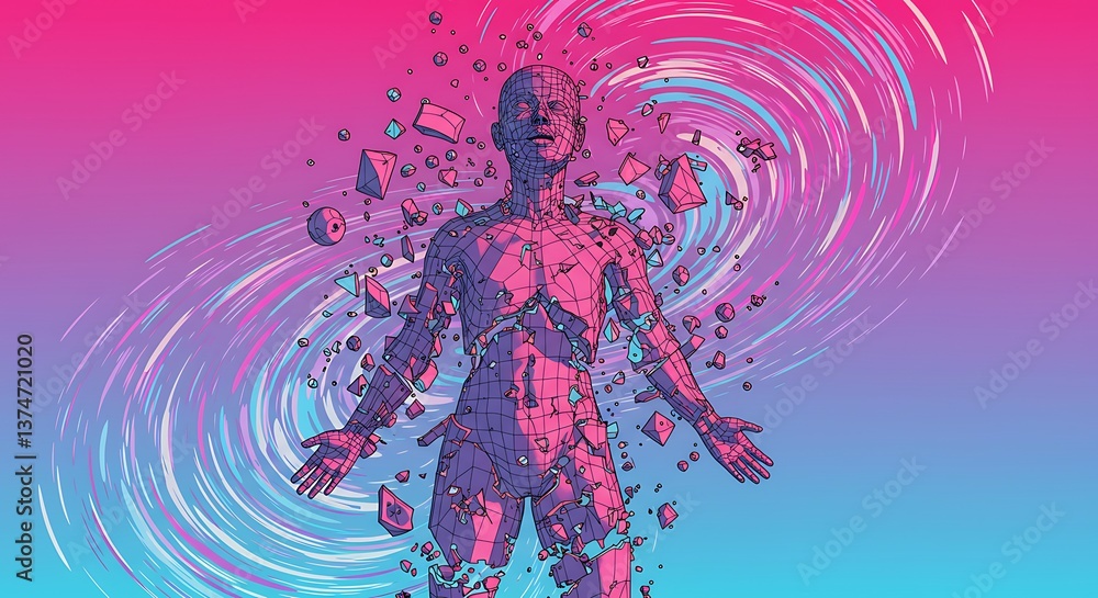 Obraz premium Wireframe Human Figure Emerging From Digital Vortex with Abstract Shapes