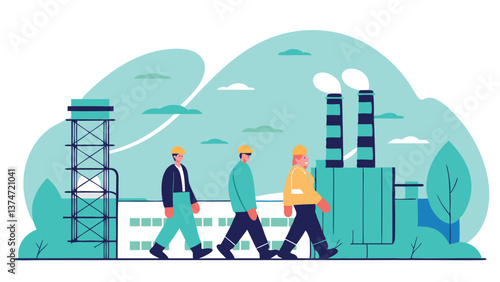 A group of workers in yellow helmets and jackets walk toward an industrial plant. A gray, cloudy sky hangs above them, emphasizing the working atmosphere.