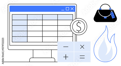 Computer screen displaying a spreadsheet next to a dollar sign, calculator, handbag, and flame icon. Ideal for finance, budgeting, shopping, expense tracking, cost calculation investment