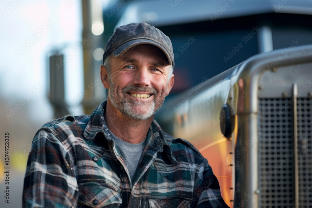 Smiling portrait of a middle aged male Caucasian trucker standing next to his truck Smiling portrait of a middle aged male Caucasian trucker standing next to his truck