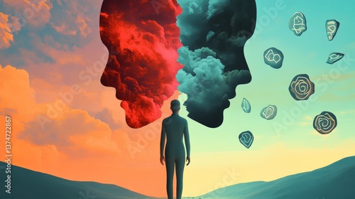 Colorful surreal smoke faces and silhouette illustrating emotional contrast on schizophrenia awareness day