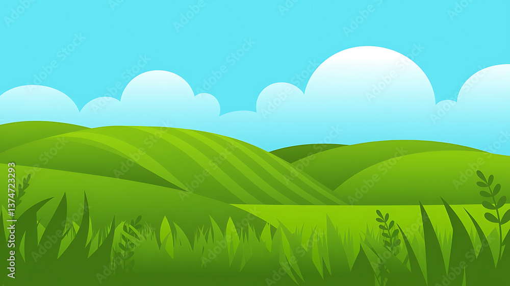 Fototapeta premium Green rolling hills bright sky idyllic landscape Flat vector illustration