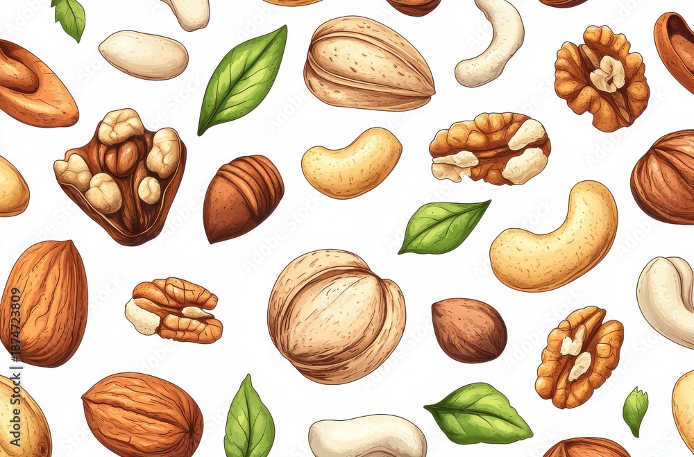 Seamless Pattern Featuring Various Nuts and Green Leaves on White Background Seamless Pattern Featuring Various Nuts and Green Leaves on White Background