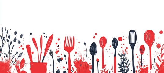 Illustrative border of red and black kitchen utensils on a white backdrop