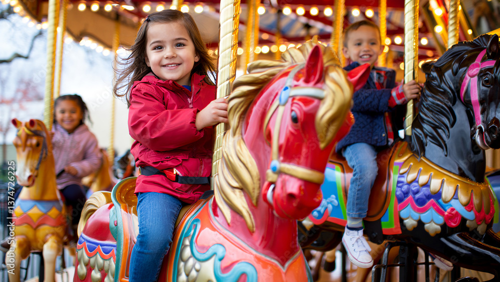 Fototapeta premium Children enjoy a colorful carousel ride at an amusement park in springtime. Blurred background.