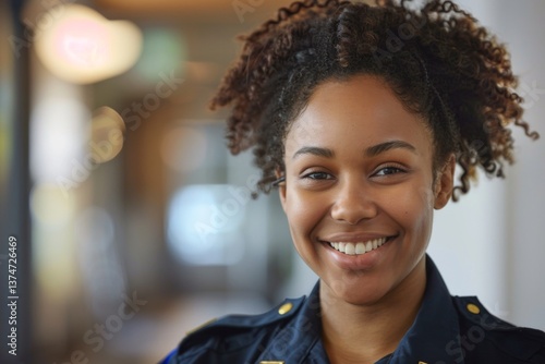 Smiling portrait of a young female African American police officer in a police station in the USA
