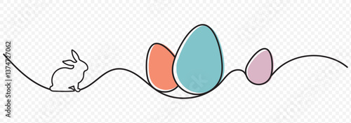 Continuous One Line Drawing of Cute Easter Rabbit with Egg. Easter Bunny for Spring Design in Simple Linear Style. Editable Stroke. Rabbit Doodle Black on transparent Vector Illustration. EPS 10.