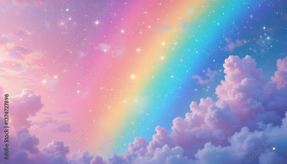 Fototapeta premium Holographic fantasy rainbow background with clouds and stars. Pastel color sky. Magical landscape, abstract fabulous pattern