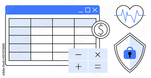 Financial spreadsheet, calculator, dollar sign, heartbeat line, and shield with lock icon. Ideal for finance, healthcare, security calculations data analysis budgeting protection. Abstract line