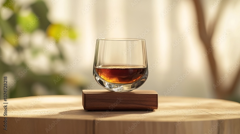 Elegant whiskey glass on wooden coaster for bar drink photography and alcohol product advertising design Elegant whiskey glass on wooden coaster for bar drink photography and alcohol product advertising design