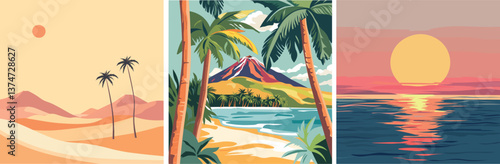 Vacation vector images. Sunrise over the Sea. Palm trees in the Desert. Palm trees sea and volcano. Set of three colorful illustartion.