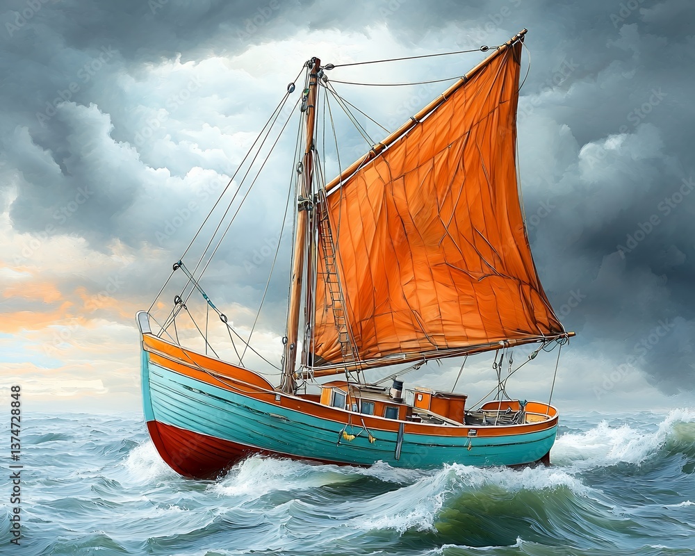 Obraz premium Small Sailboat Braving Stormy Seas