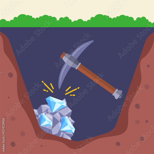 Mining coal minerals gold concept. Vector flat graphic design