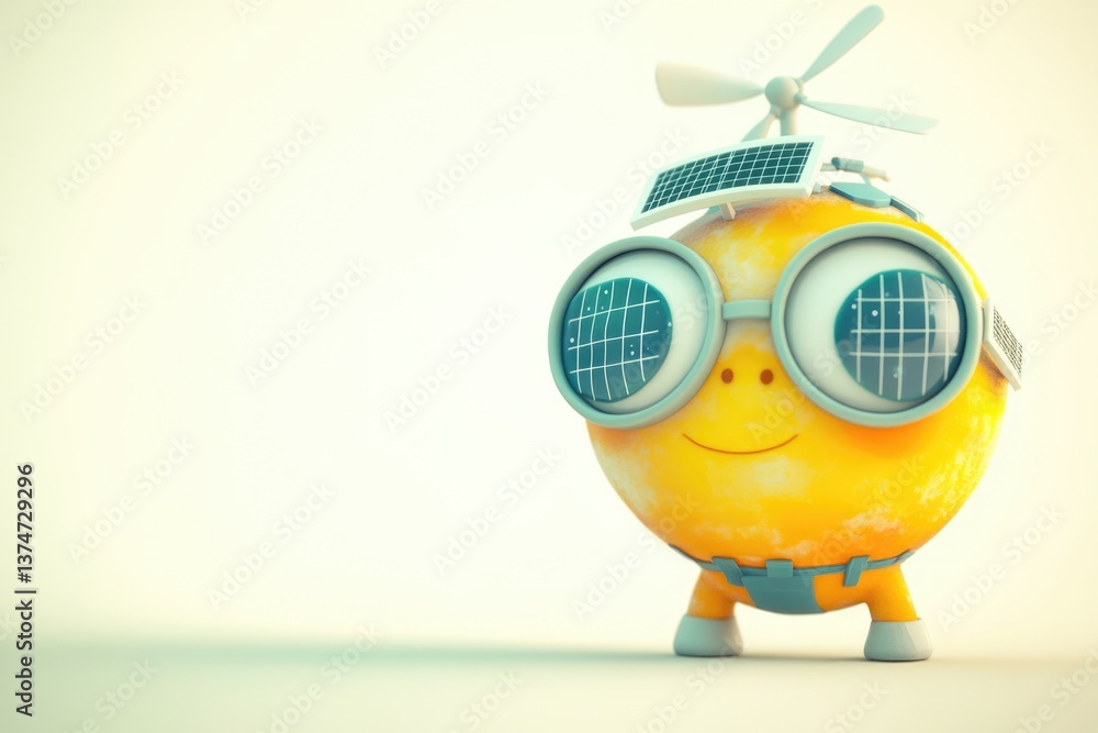 Obraz premium A cheerful, solar-powered robot with a propeller and glasses, symbolizing renewable energy.