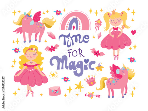 Childrens magic poster with princess and unicorns. Cute girlish poster cartoon style. Time for magic.