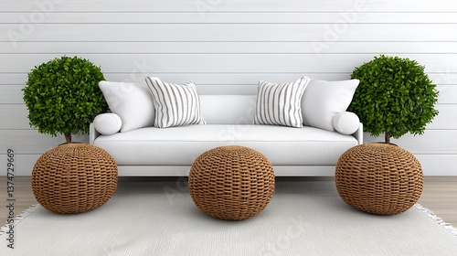 White Living Room Interior with Greenery and Woven Pillows