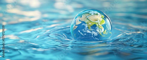 A serene scene shows a water droplet holding Earth, resting on a calm surface, embodying World Water Day and the importance of conservation and sustainability. Great for environmental advocacy