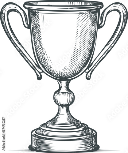 Trophy cup sketch with detailed lines and handle illustration in black and white. Vector illustration