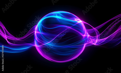 Glowing blue and purple abstract sphere of tiny particles like data flow on a dark background. Creative digital tech circle