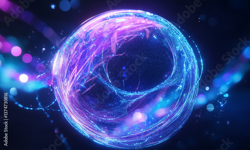 Glowing blue and purple abstract sphere of tiny particles like data flow on a dark background. Creative digital tech circle