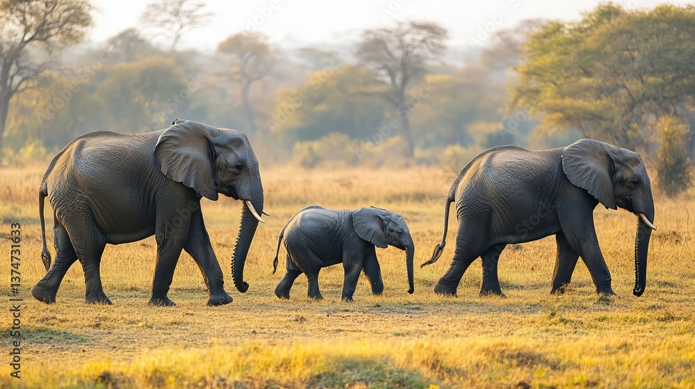Fototapeta premium A line of elephants walking across a grassy plain with trees in the background on a sunny day